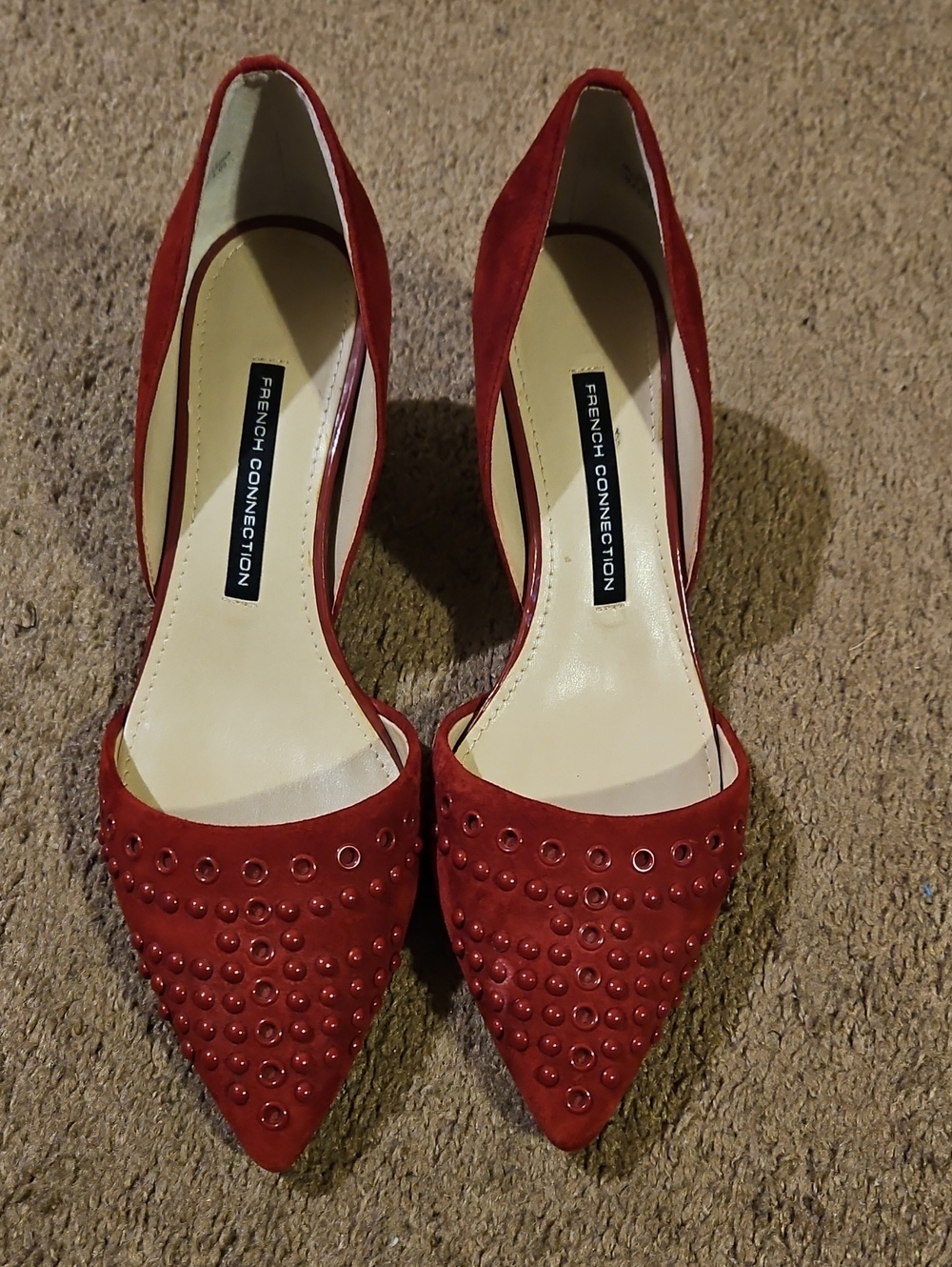 French Connection Red Studded Pointed-Toe D'Orsay Heels